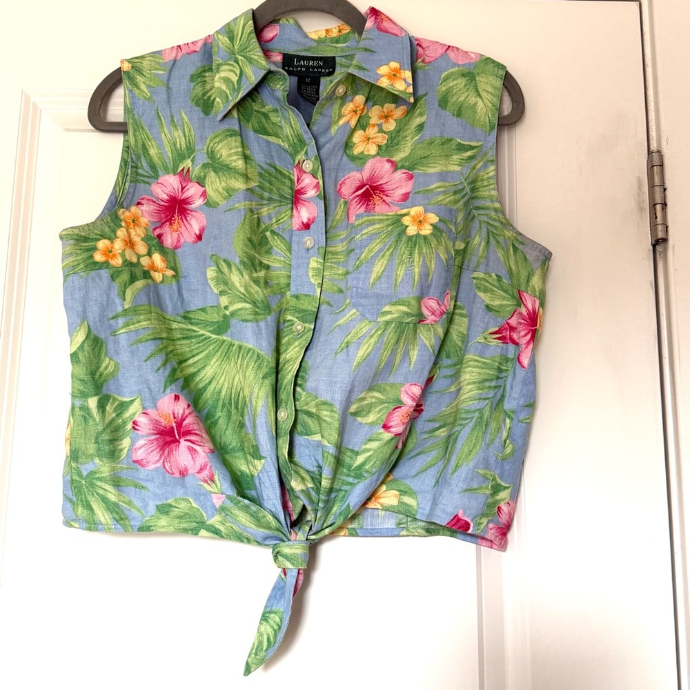 Lauren Ralph Lauren Blue Tropical Hawaiian Tie-Front Linen Sleeveless Top